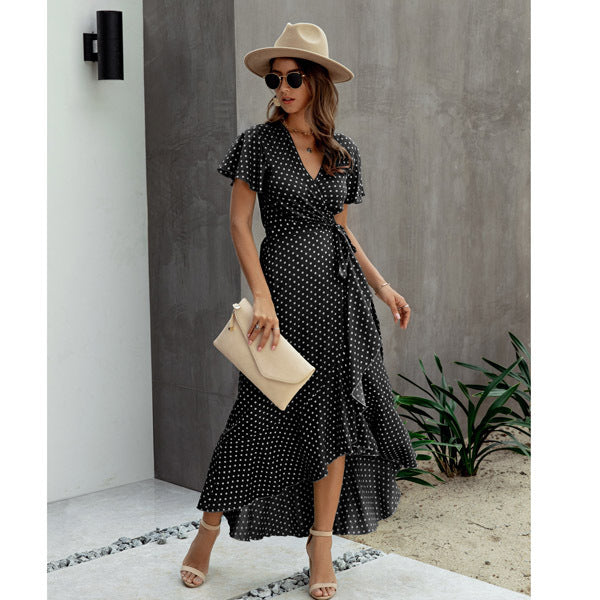 Summer Casual Dot Print Ruffled Short Sleeves Long Dresses