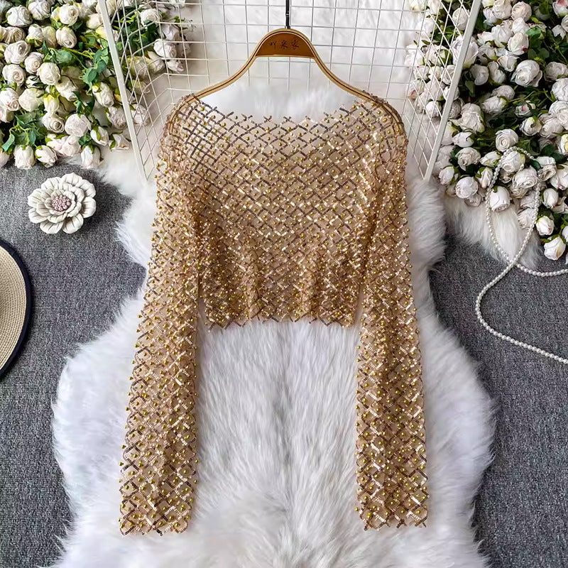 Sequin Beaded Round Neck Long Sleeve Cropped Top
