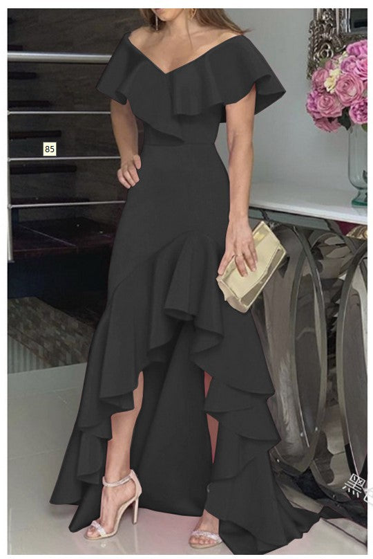 Sexy Classy V Neck Irregular Ruffled Women Long Dresses-Dresses-Black-S-Free Shipping at meselling99