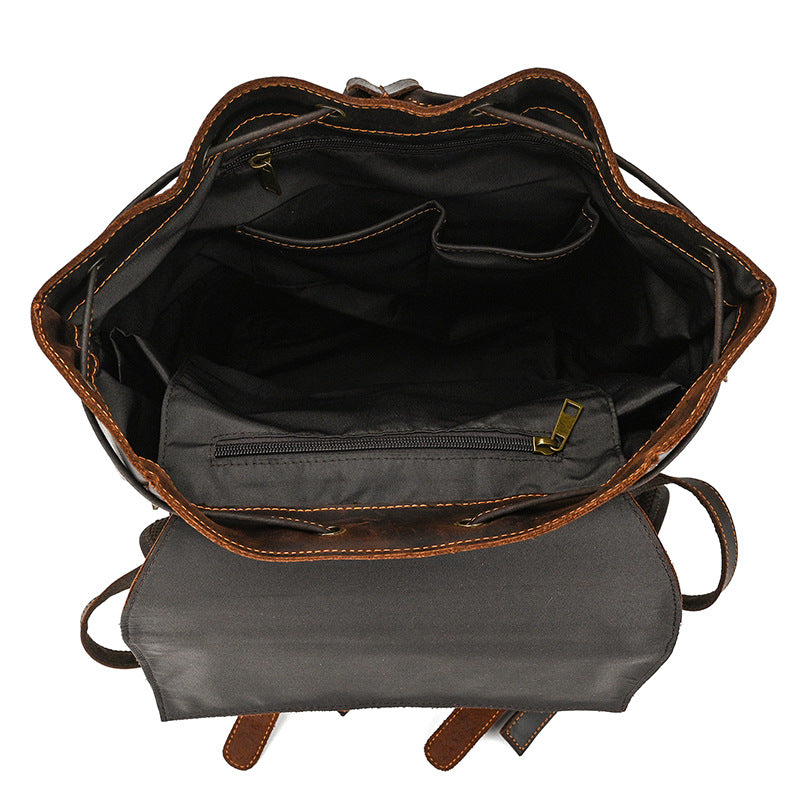 Retro Crazy Horse Leather Backpack – Large Capacity 16-Inch Cowhide Laptop & Travel Bag with Multi-Flap Pockets