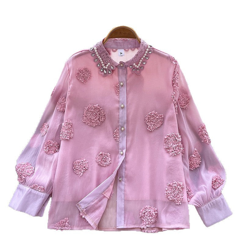 Beaded 3D Floral Mesh Shirt