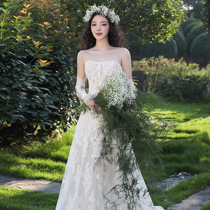 Vintage Forest Style Strapless Lace Wedding Dresses