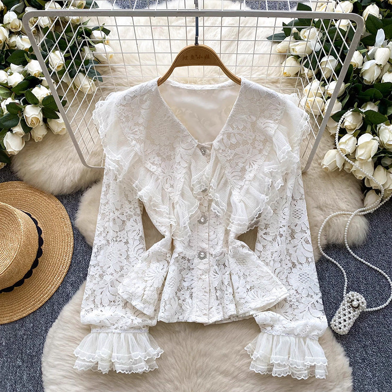 Lace Patchwork Lantern Sleeve Blouse