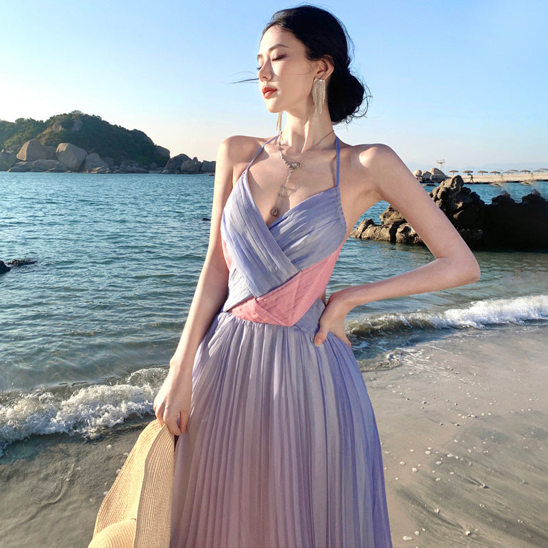 Bohemian Gradient Pink Purple Ruffle Backless Maxi Dress