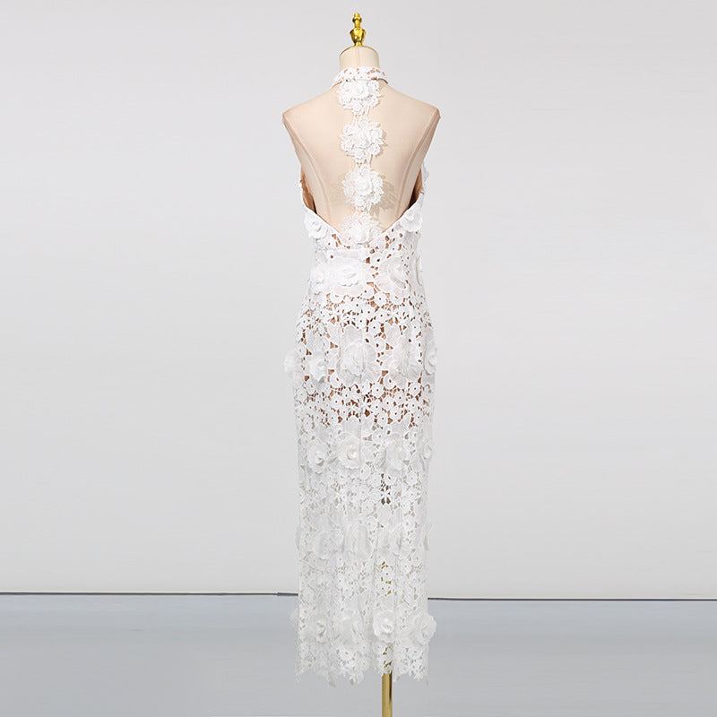 Retro Embroidery Backless Lace Panel Halter Maxi Dress