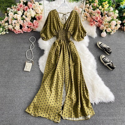 Women's Sexy V-Neck Batwing Sleeve Waist-Cinching Slimming Polka Dot Print Jumpsuit