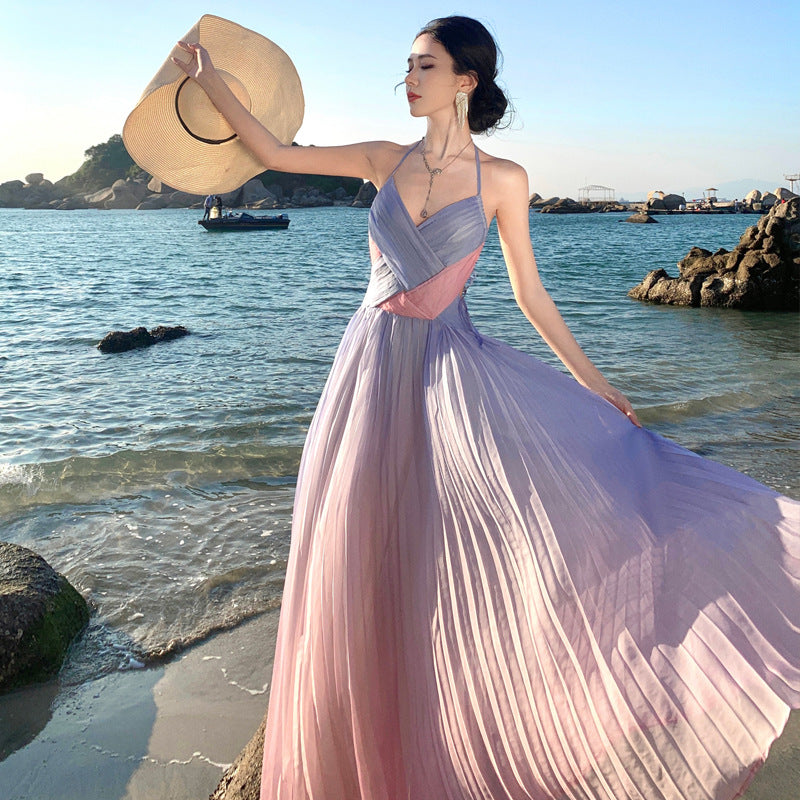 Bohemian Gradient Pink Purple Ruffle Backless Maxi Dress