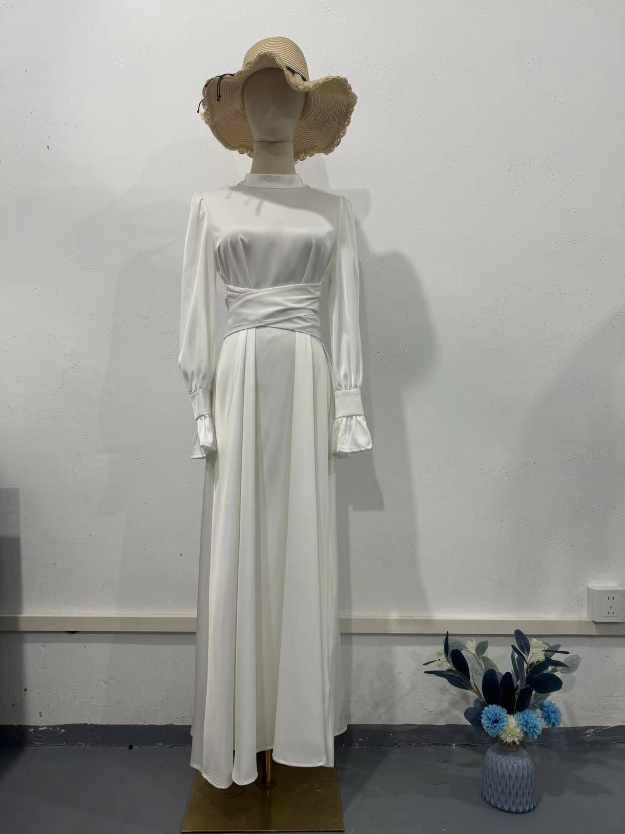 Elegant Long-sleeved Waist-tied Puff-sleeved  Women Dresses