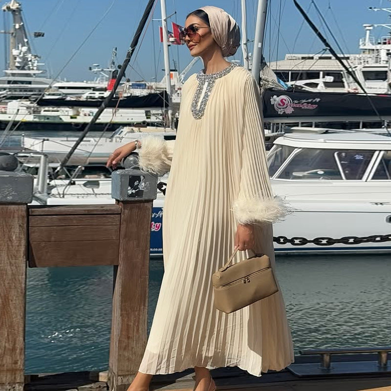 Elegant Round Neck Rhinestone Ostrich Feather Long Sleeve Ruffle Dress