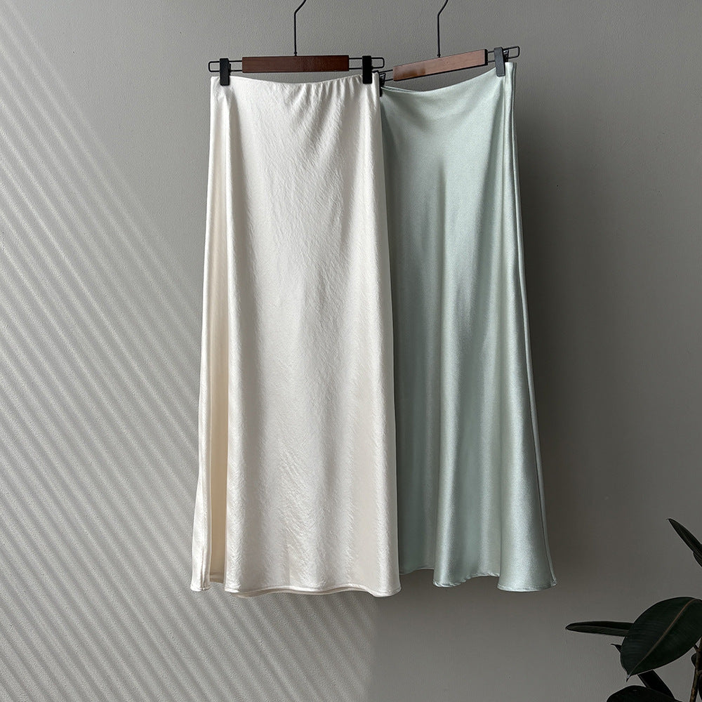 uxury Satin Midi Skirt – High Waist Bodycon Fishtail Skirt with Textured Detail-White-M-Free Shipping Leatheretro