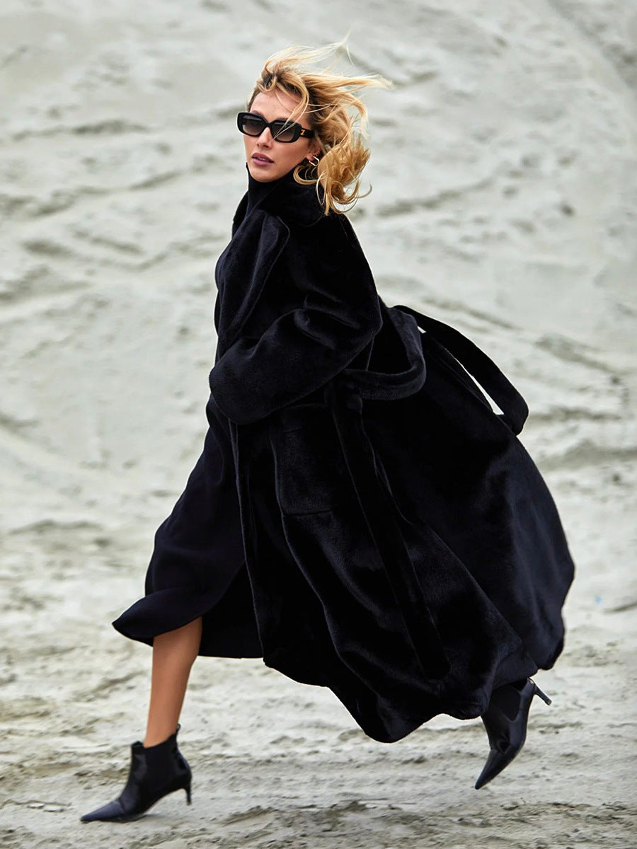 Women's Long Plush Fur Coat with Belted Waist & Notched Lapel