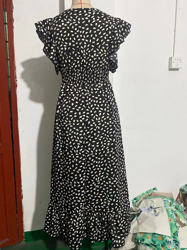 Summer V-Neck Wrap Waist Maxi Dress with Flutter Sleeves-black-S-Free Shipping Leatheretro