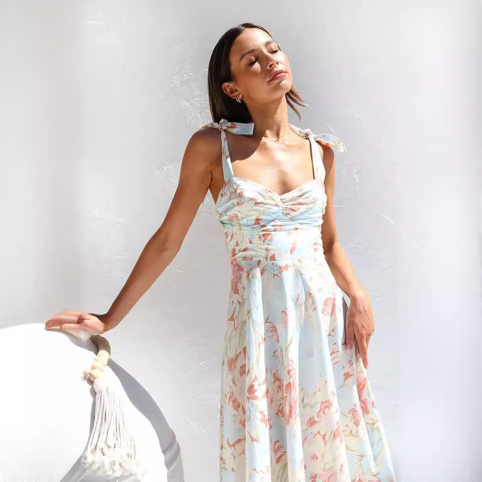 Summer Floral Print V-Neck Wrap Waist Midi Dres