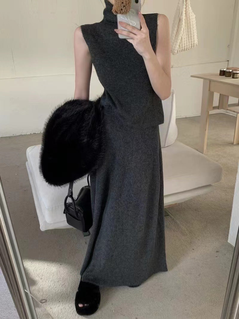 Women's Knit Three-Piece Set: High-Neck Vest & Skirt Outfit