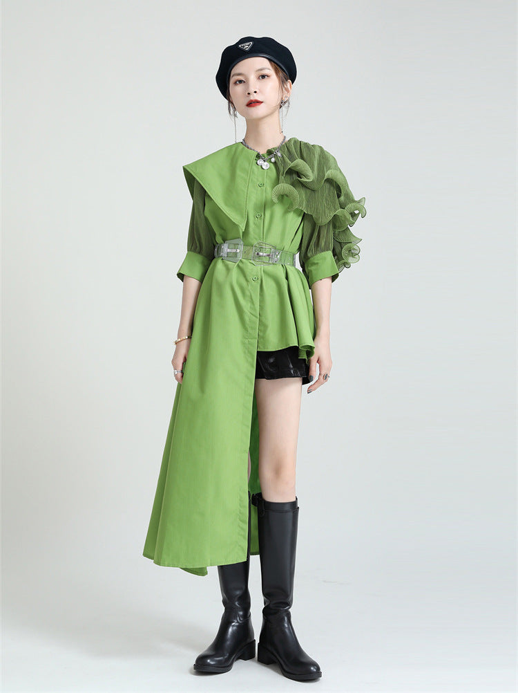 Summer Asymmetrical Bubble Sleeve Shirt Dress with Peplum Waist & Patchwork Design