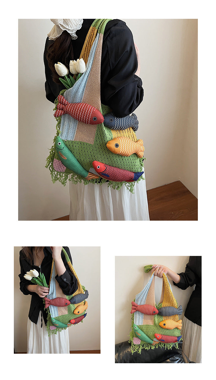 Patchwork Knit Shoulder Bag with Checkered Design