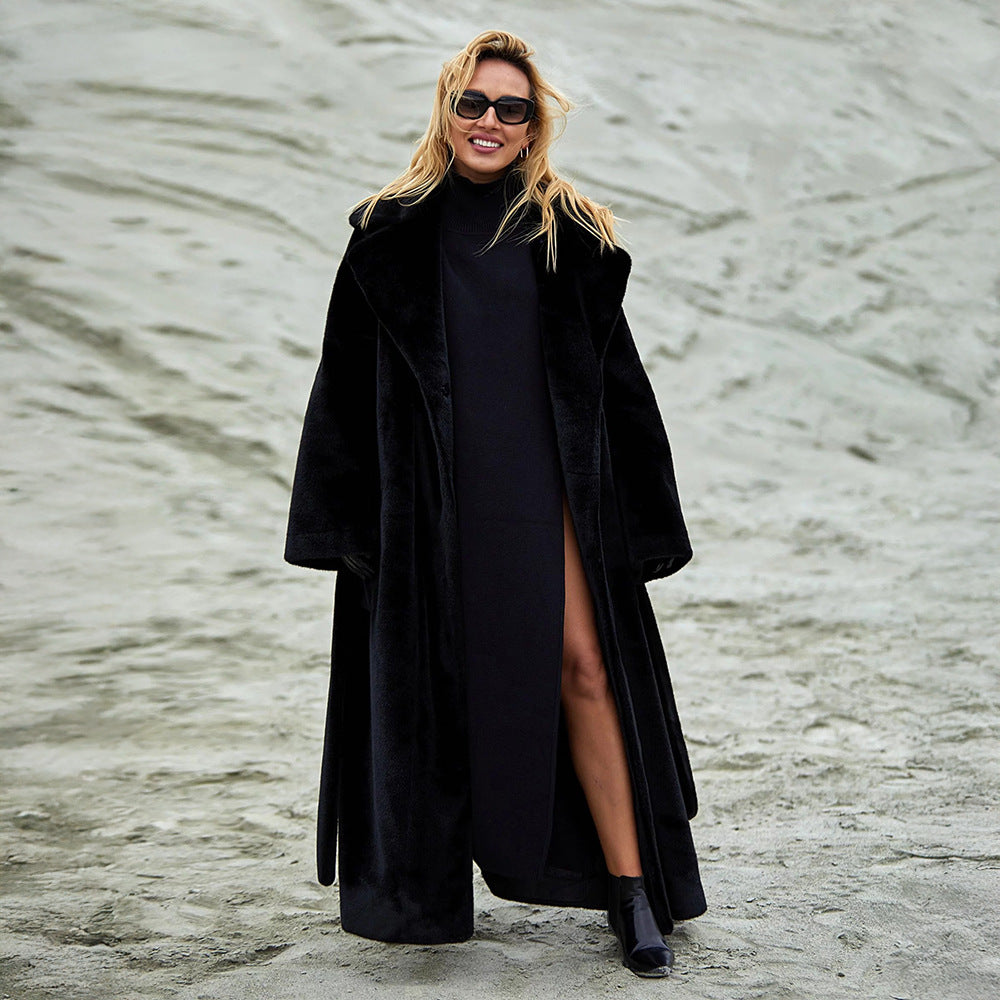 Women's Long Plush Fur Coat with Belted Waist & Notched Lapel