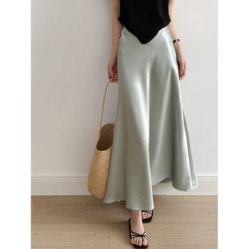 uxury Satin Midi Skirt – High Waist Bodycon Fishtail Skirt with Textured Detail-White-M-Free Shipping Leatheretro