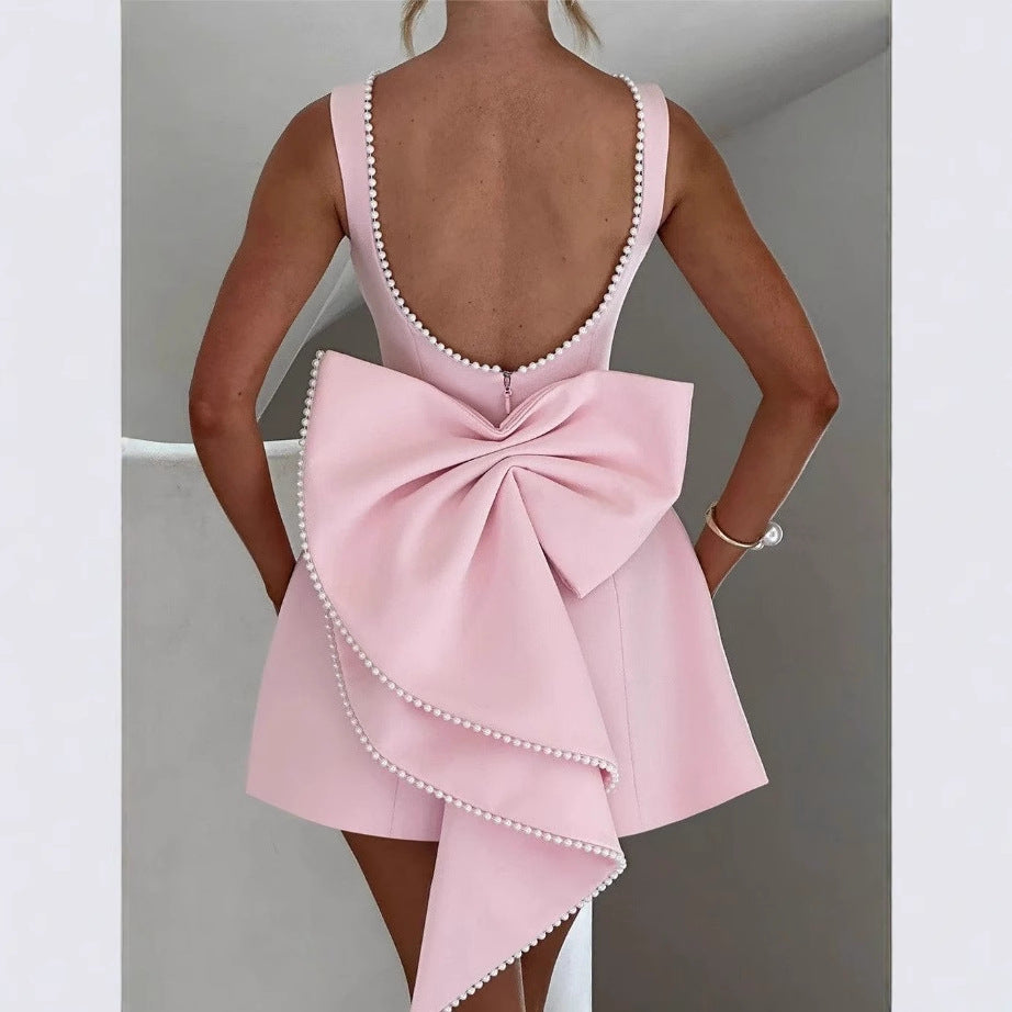 Summer Pearl Bow Backless A-Line Mini Dress