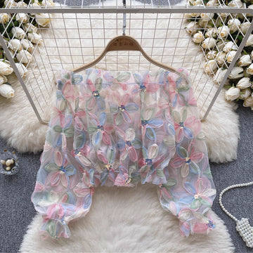 Fairy One-Shoulder Long Sleeve 3D Flower Mesh Shirt