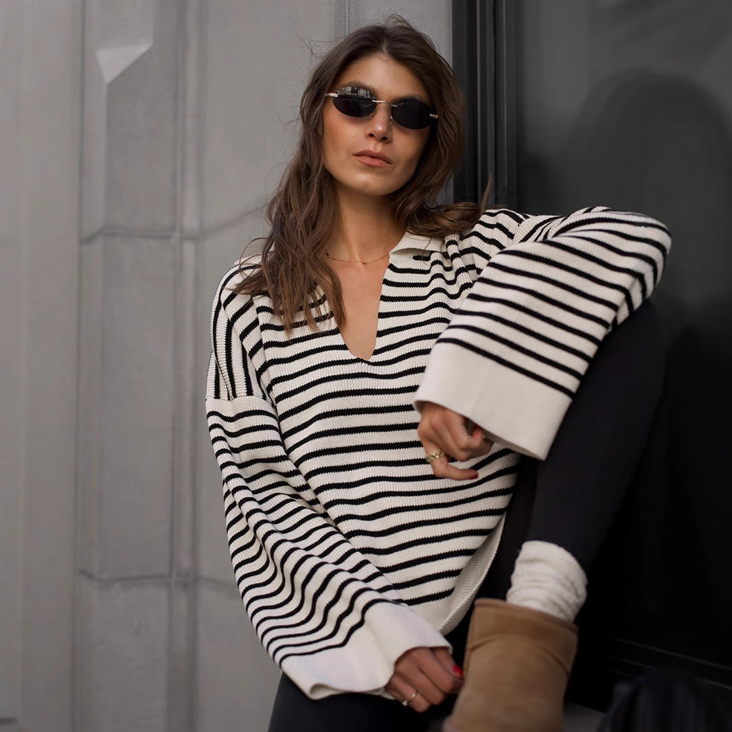 Women's Loose-Fit Black Striped Sweater