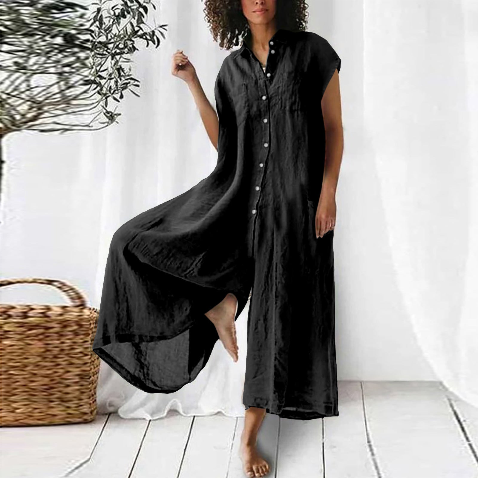 Women's Summer Linen Blend Solid Color Plus Size Jumpsuit