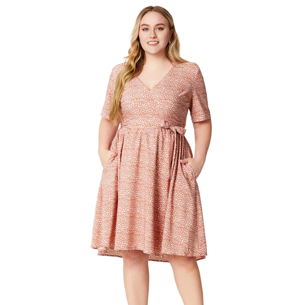 Plus Size V-Neck Short Sleeve Printed Casual Dress