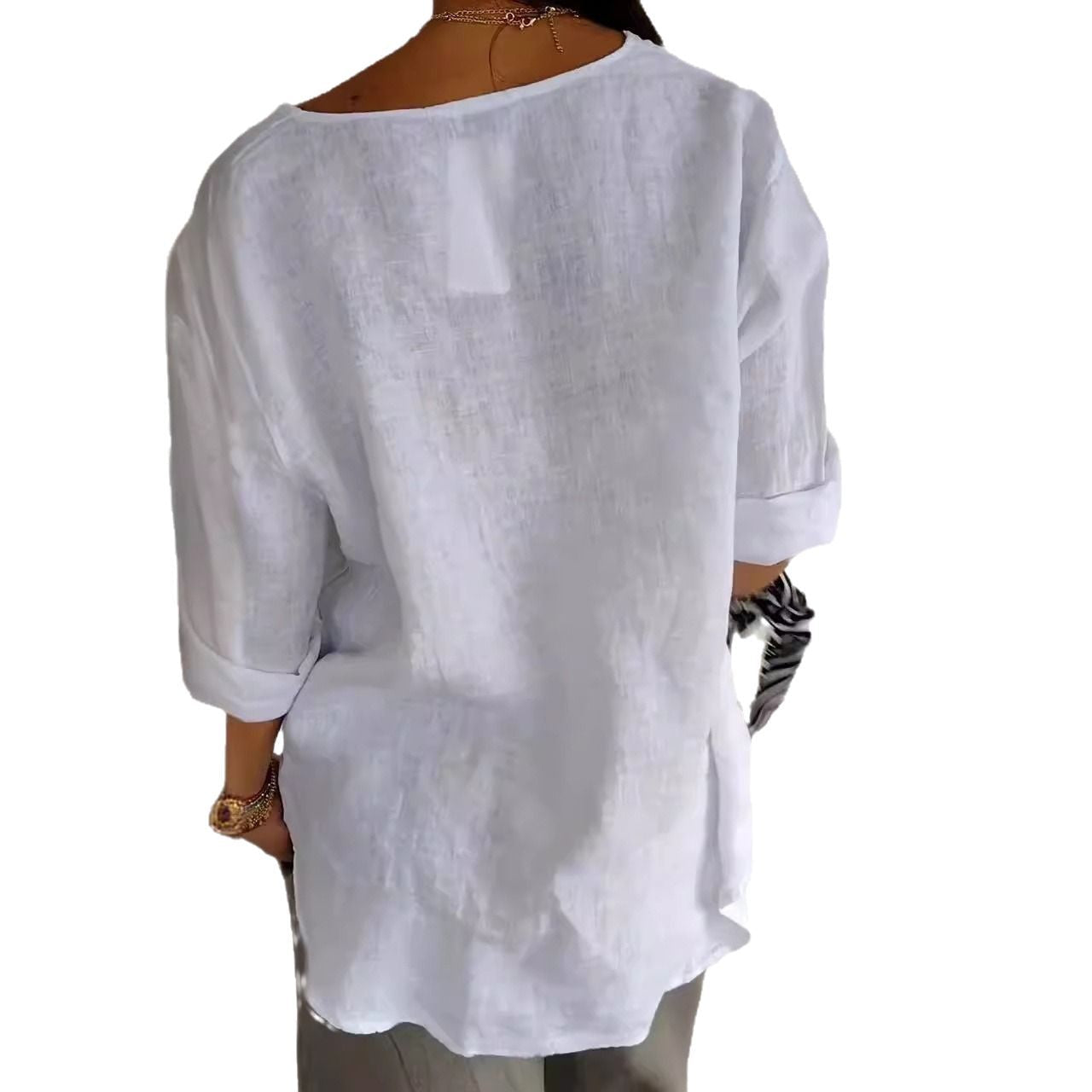 Women's Summer Loose-Fit V-Neck Cotton Linen Button-Up T-Shirt