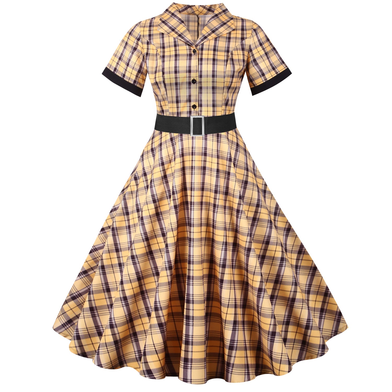 Retro Plaid Short Sleeve Dress with Belt