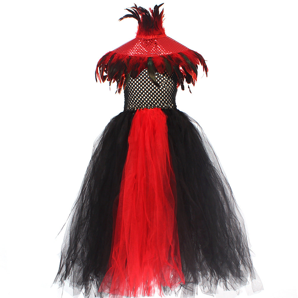 Halloween Glitter Feather Collar Witch Long Dress