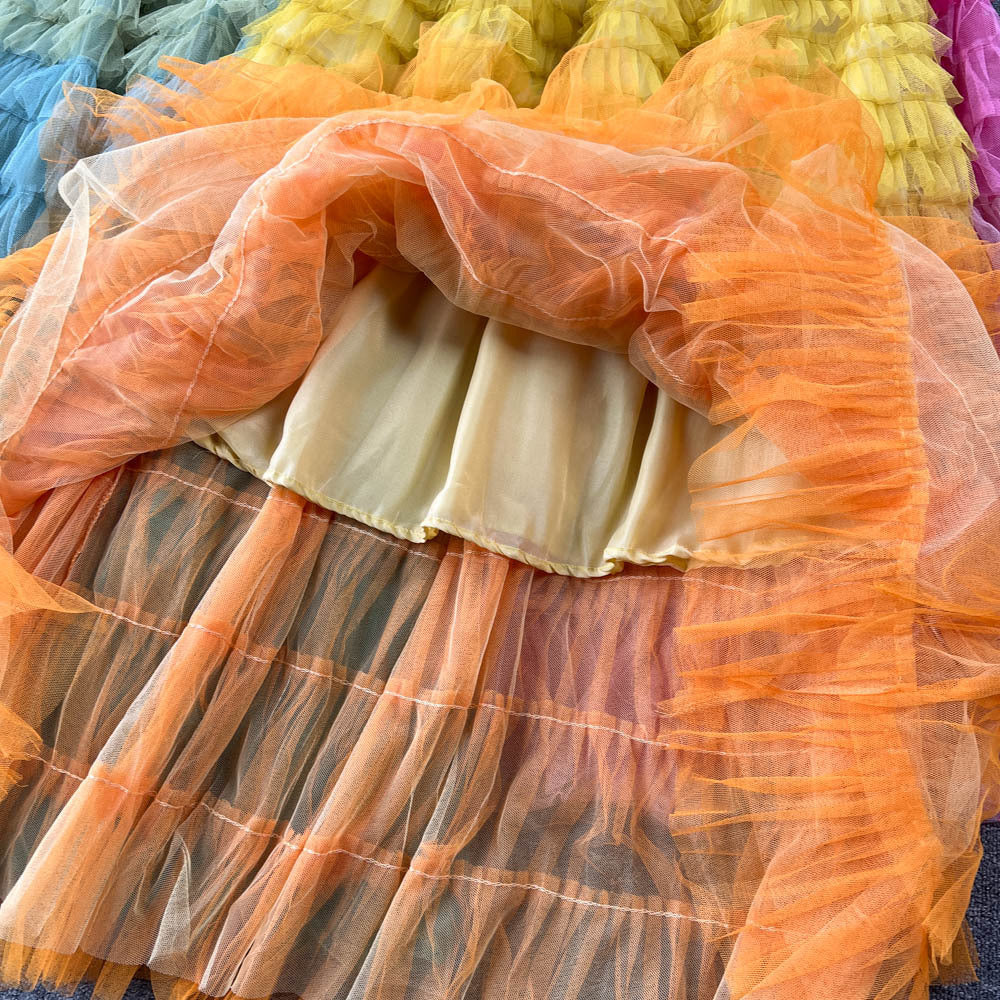 Women's Mid-Length Gradient Mesh A-Line Cake Skirt