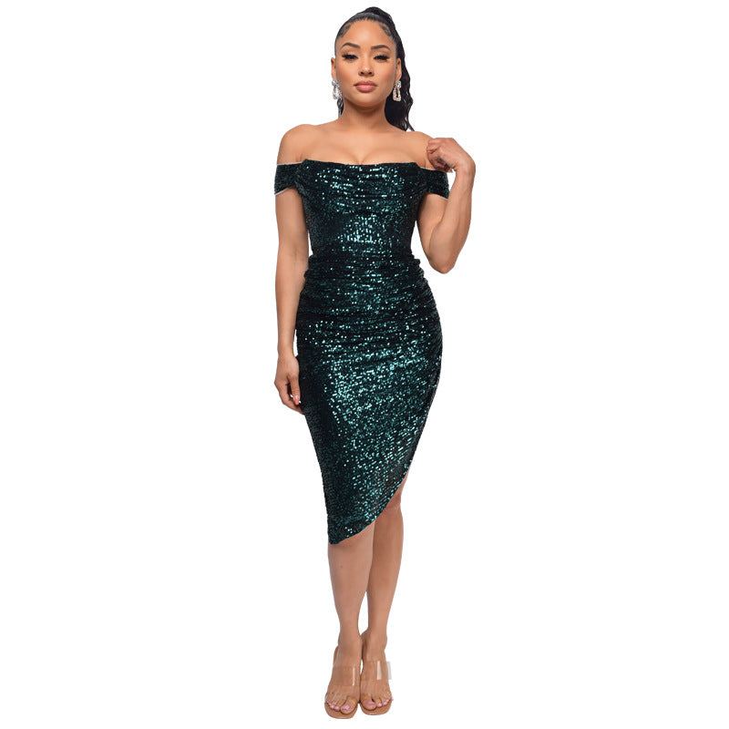 Sexy Off The Shoulder Sequined Mini Cocktail Dresses-Dresses-Dark Green-S-Free Shipping at meselling99