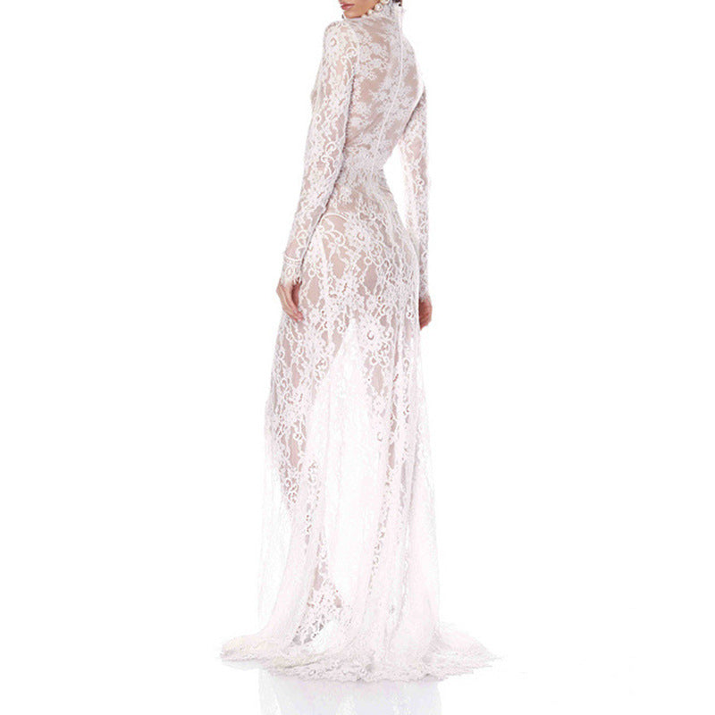 Elegant Long Sleeve Lace Backless Maxi Dress