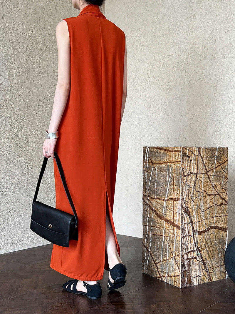 Women's V-Neck Sleeveless Twist Knot Long Dress-Pumpkin color-M-Free Shipping Leatheretro