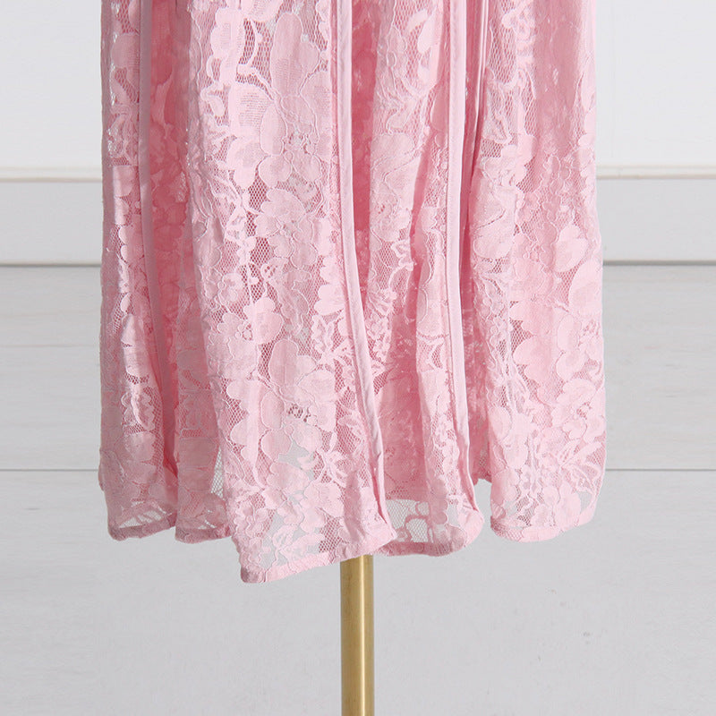 Retro Elegant Summer Lace Embroidered High-Waist Pleated Dress