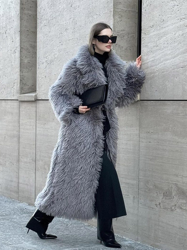 Long Faux Fur Coat – Women’s Winter Warm Plush Fake Fur Jacket with Lapel Collar