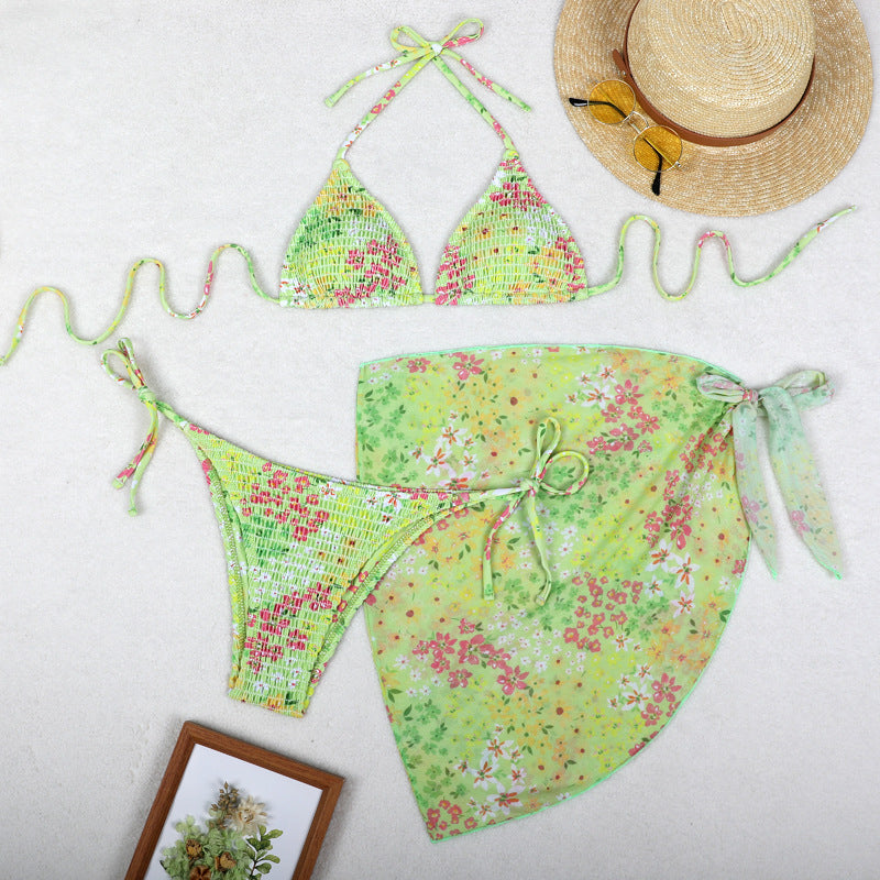 Print Bikini Three-Piece Set – Sheer Skirt Separates, Sexy Vacation Swimwear
