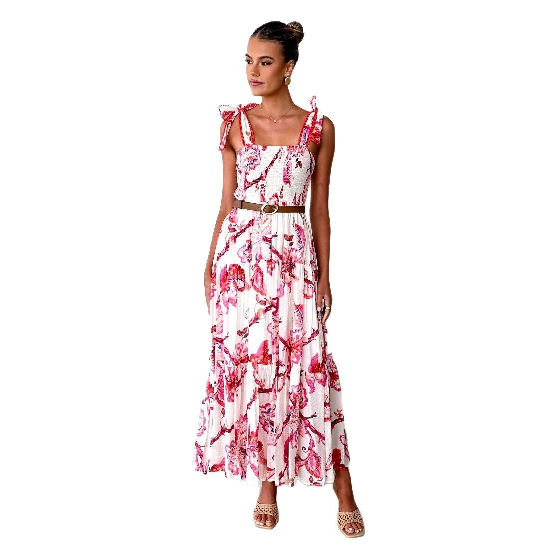 Floral Print Maxi Dress with Smocked Waist & Adjustable Spaghetti Straps