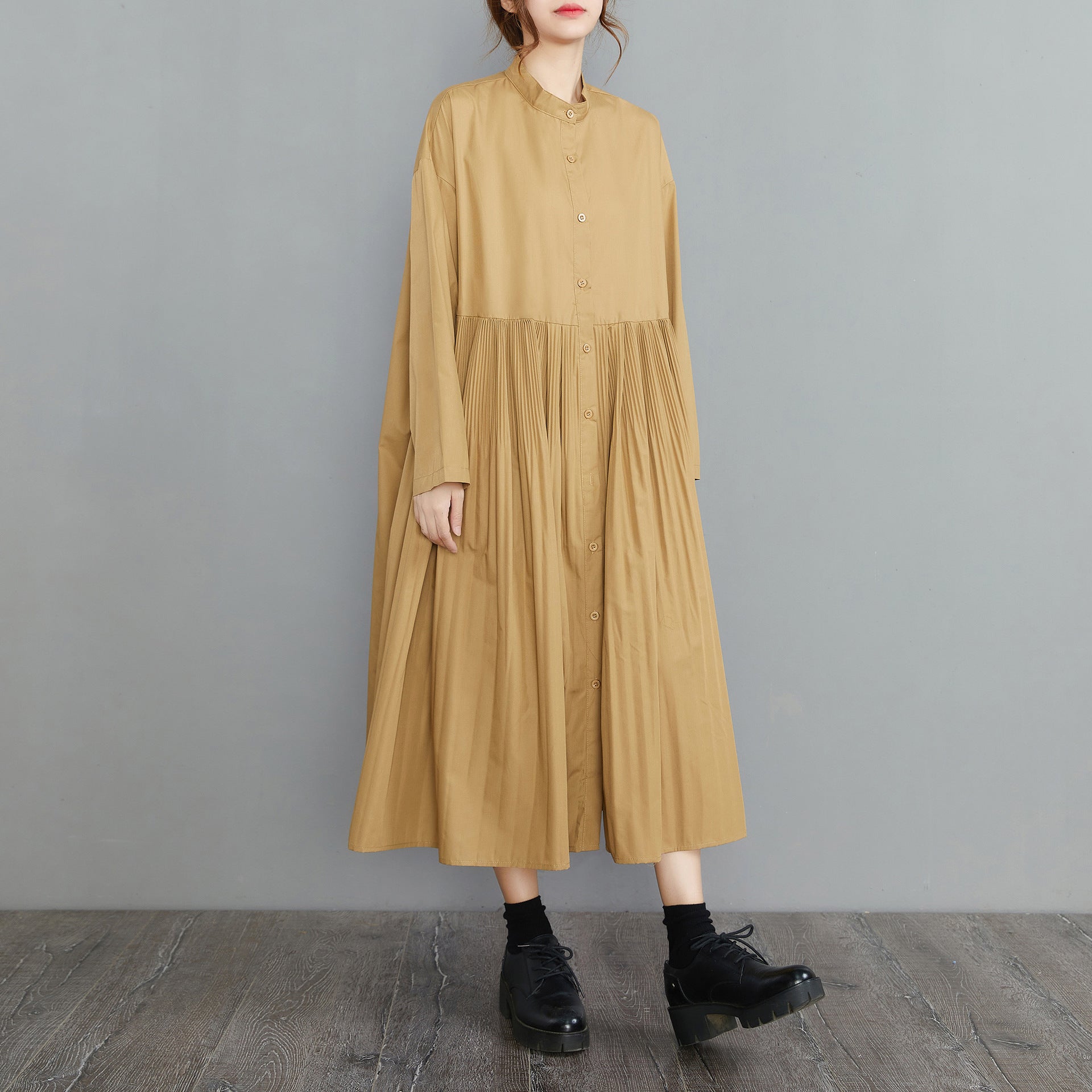 Vintage Stand Collar Plus Sizes Fall Shirts Dresses-Dresses-Yellow-L-Free Shipping at meselling99