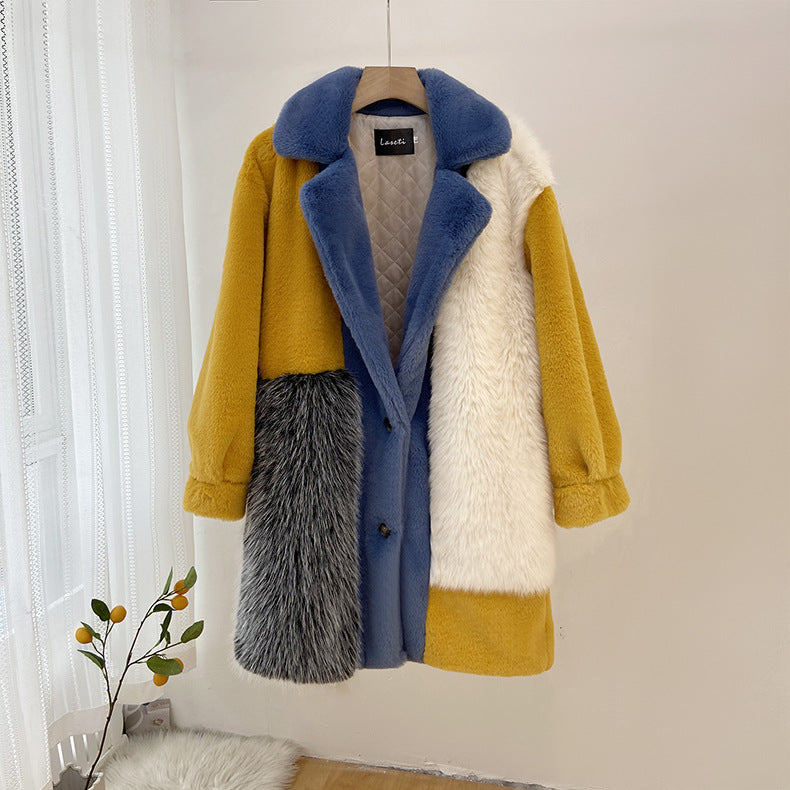 Winter Faux Fur Jacket with Contrast Collar, Oversized Outerwear