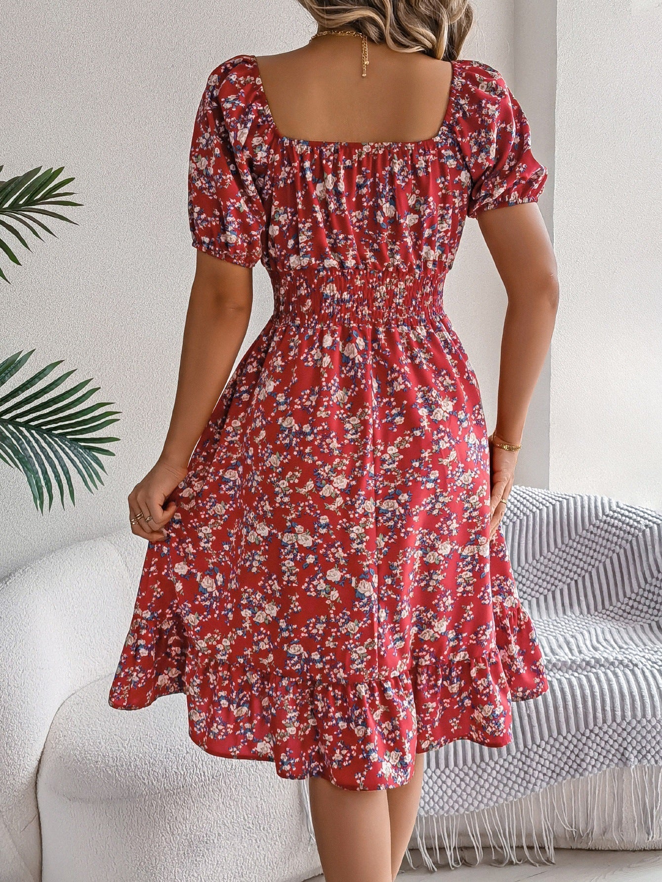 Floral Print Square Neck Short Sleeve Wrap Waist Ruffle Hem Dress
