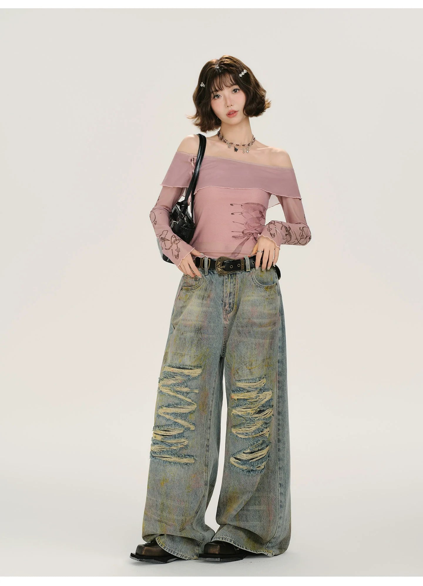 Girlyhalo Retro Vintage Print Off-Shoulder Long Sleeve T-Shirt