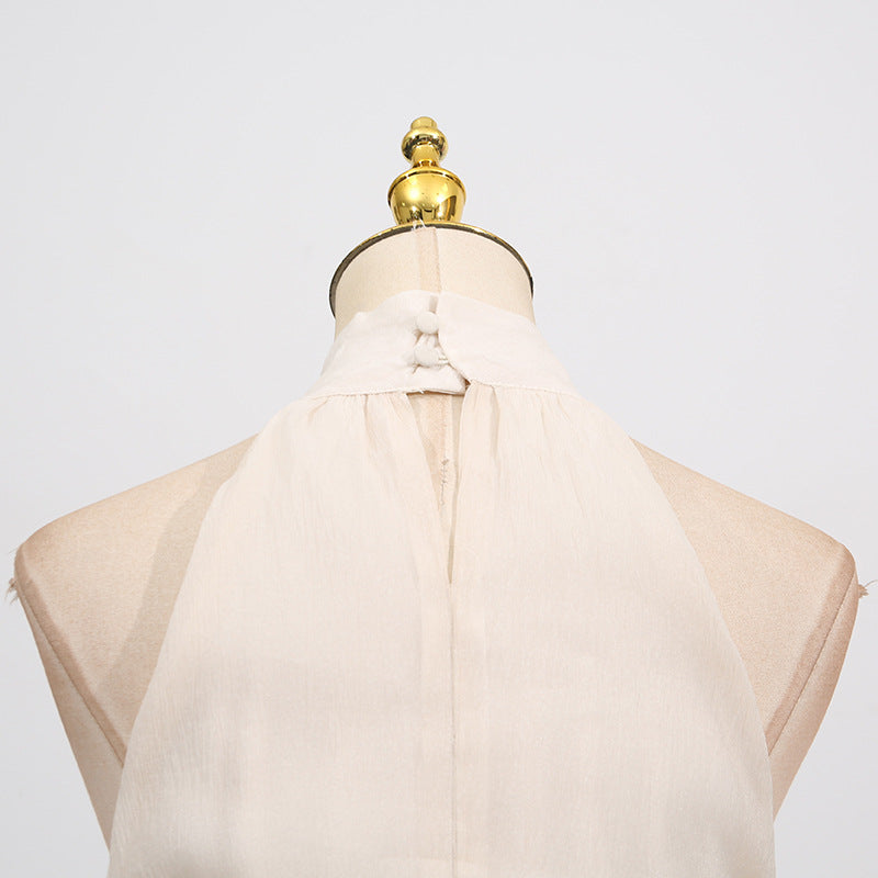 Elegant High-Neck Sleeveless Summer Dress with Waist Ruffle Detail