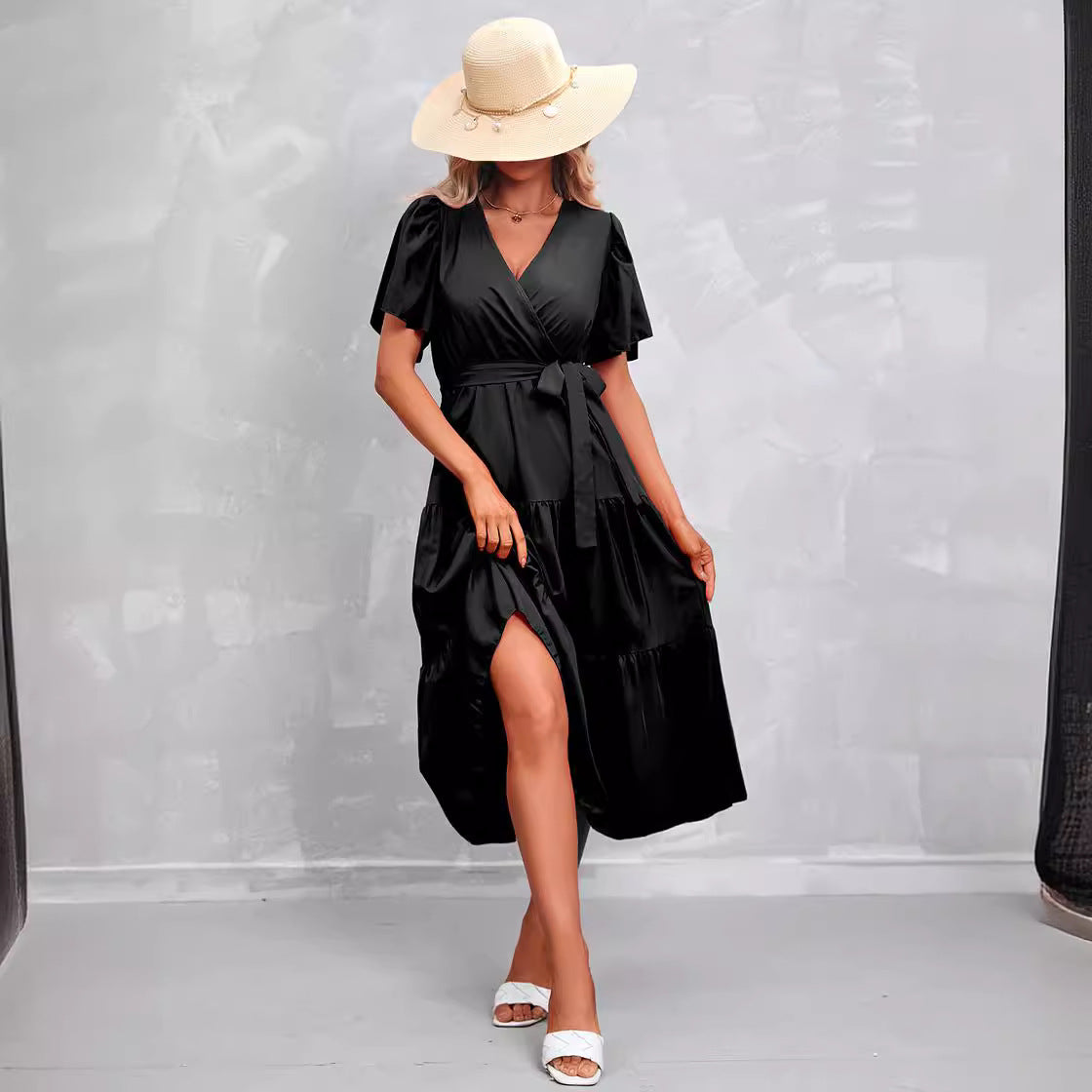 Women's Summer Solid Color V-Neck Short Sleeve Dress