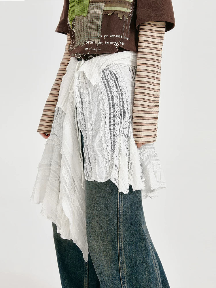 Girlyhalo Vintage White Lace Irregular Hem Wrap Skirt