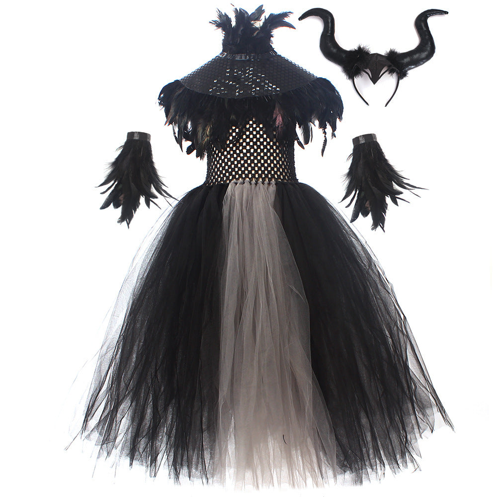 Halloween Glitter Feather Collar Witch Long Dress