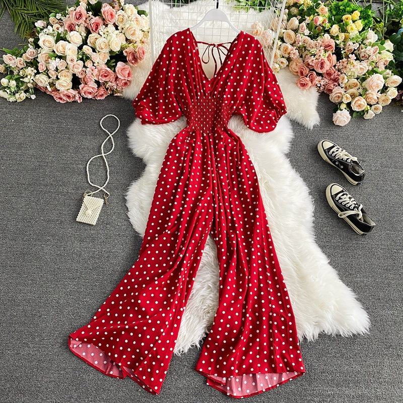 Women's Sexy V-Neck Batwing Sleeve Waist-Cinching Slimming Polka Dot Print Jumpsuit