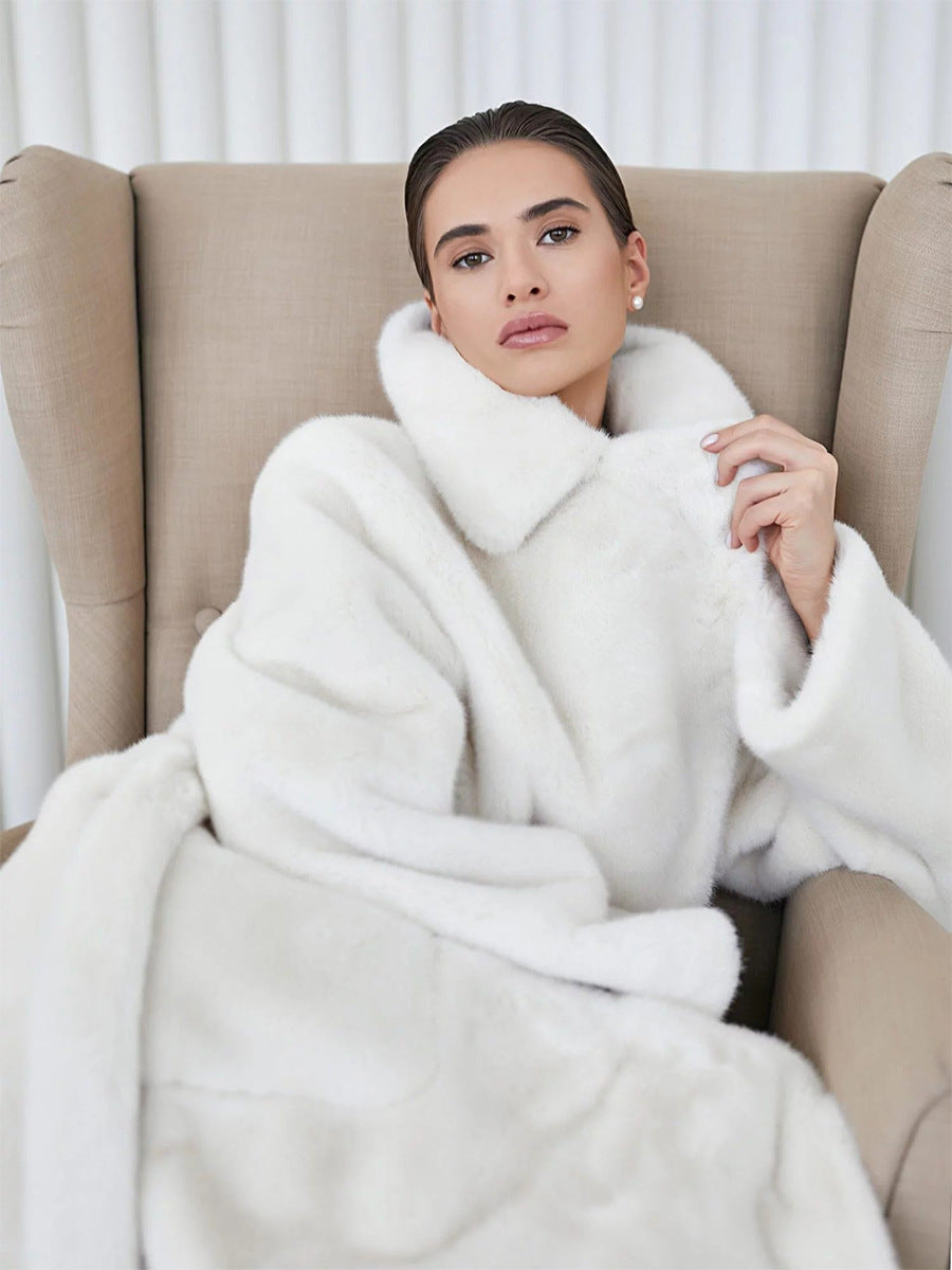 Women's Long Plush Fur Coat with Belted Waist & Notched Lapel