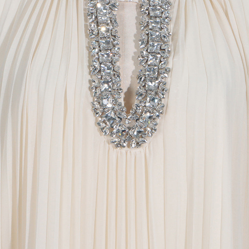 Elegant Round Neck Rhinestone Ostrich Feather Long Sleeve Ruffle Dress