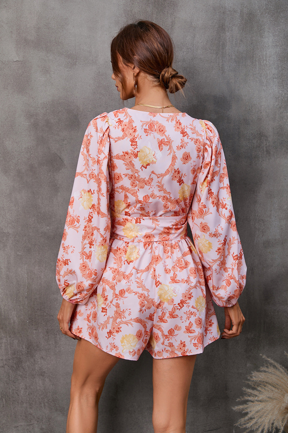 Floral Print V-Neck Long Sleeve Shorts Jumpsuit